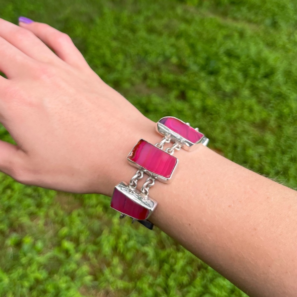 Vintage Sterling Silver Pink Agate Toggle Bracelet